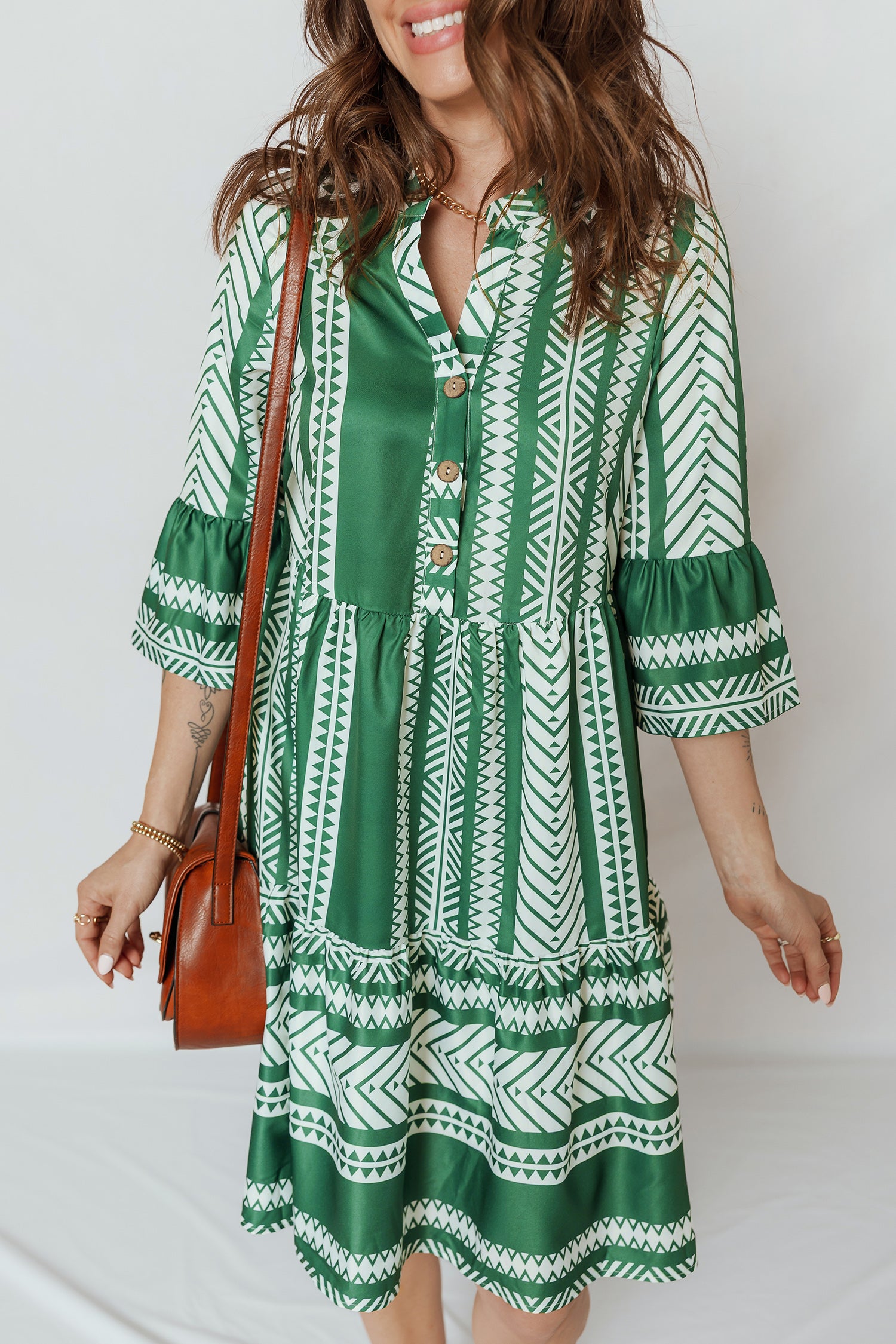 Green Boho Ethnic Print Casual Dress Half Button 3/4 Sleeve Women S-XL