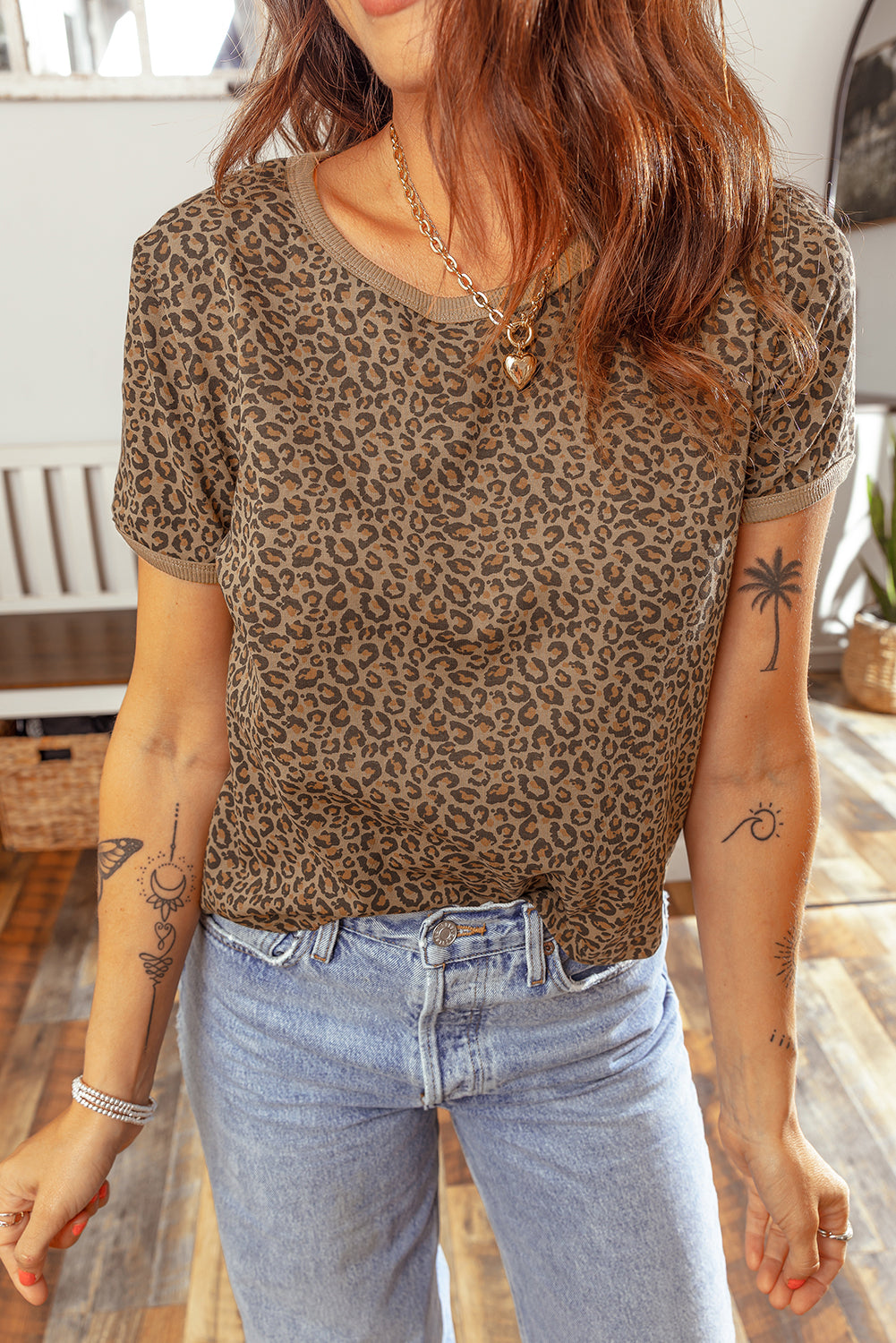 Khaki Fierce Leopard Print Crew Neck T-Shirt