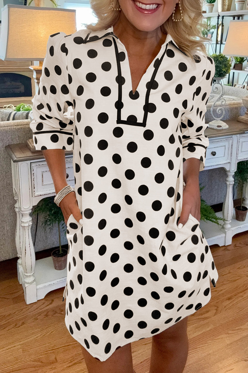 White Polka Dot Half Sleeve Collar V Neck Pocketed Casual Mini Dress | UK 10–18