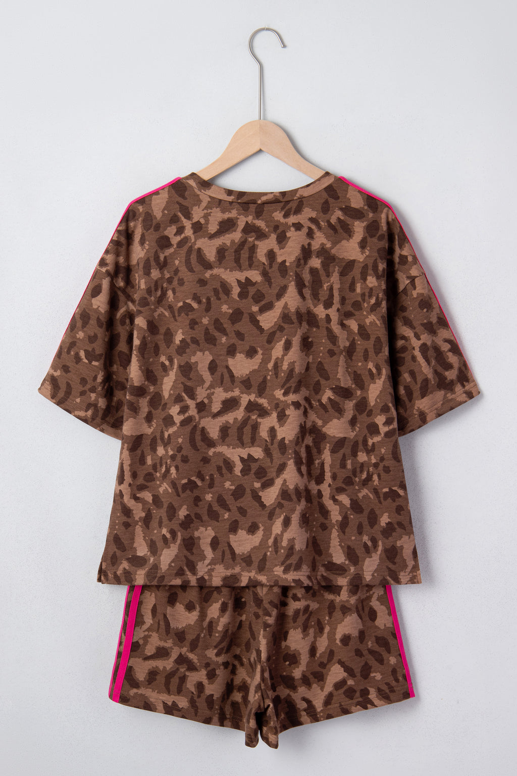 Brown Contrast Striped Accent Leopard Short Set | UK 8–22