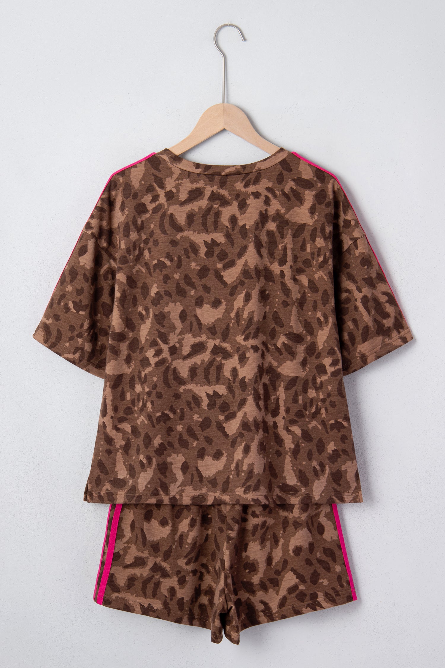 Brown Contrast Striped Accent Leopard Short Set | UK 8–22