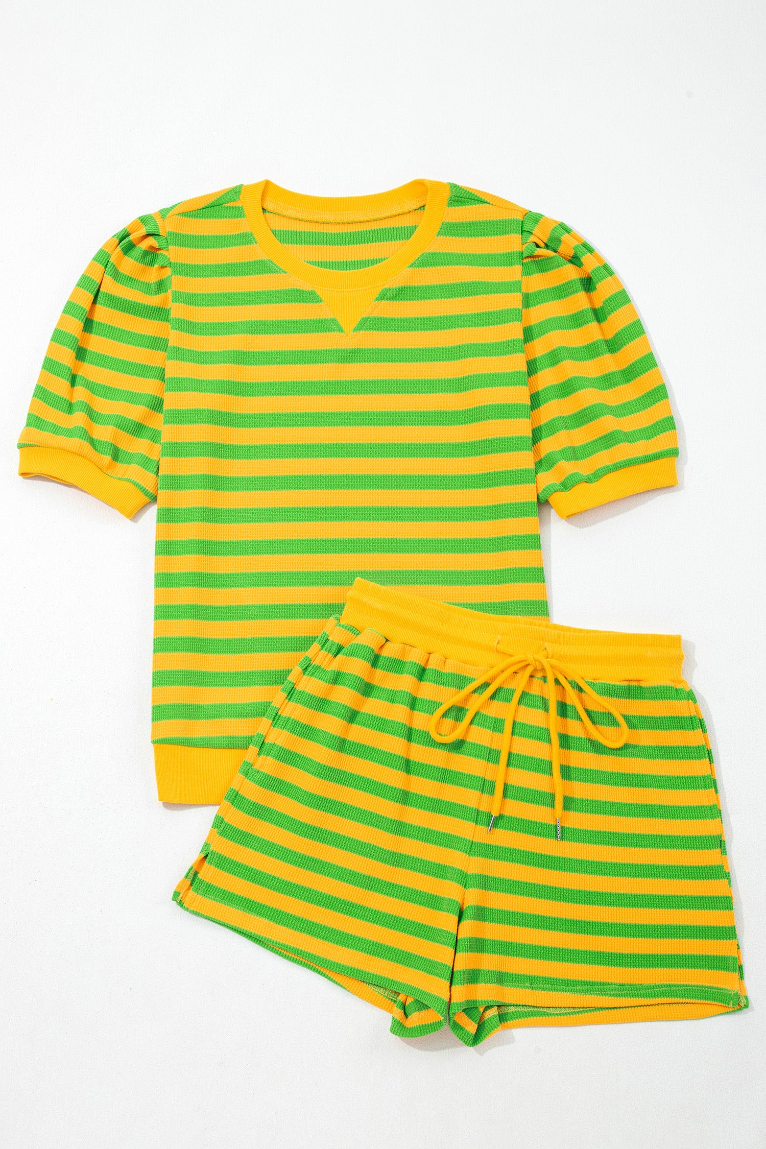 Women's Stripe Puff Sleeve Top & Shorts Matching Set S-2XL