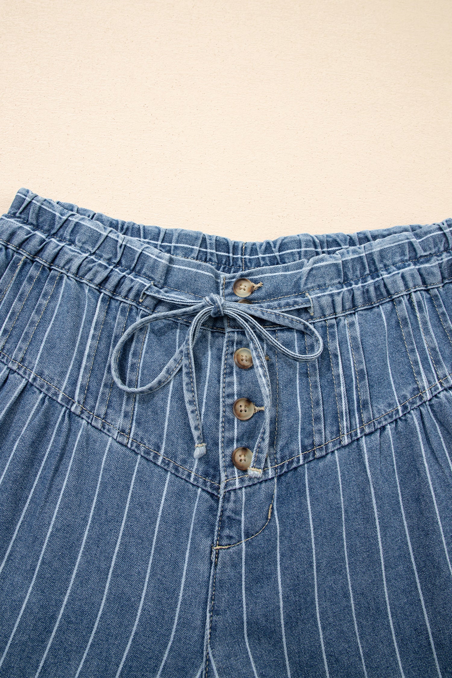 LivelyLooks Stripe Button Pleated Drawstring Waist Casual Wide Leg Jeans Denim Trousers Blue women's fashion