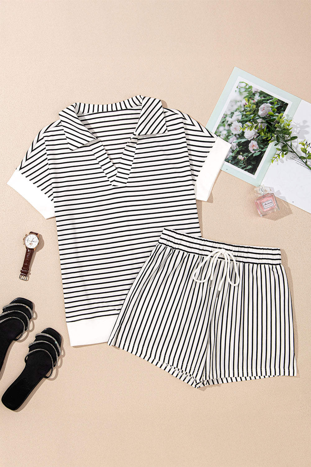 Black Stripe V-Neck Tee & Shorts Co-ord Set | 2-Piece