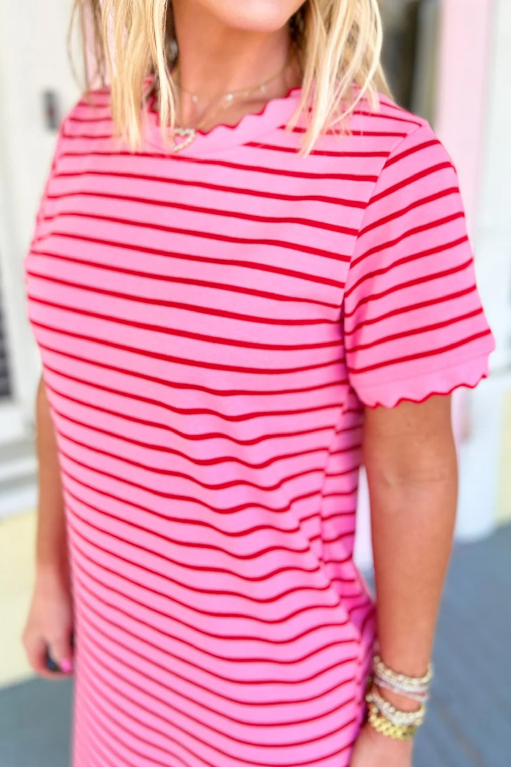 Rose Stripe Scalloped Trim Side Slit Short Sleeve T-Shirt Dress S-XL