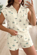 Beige Mallard Print Zip Polo Tee & Drawstring Shorts Co-ord Set