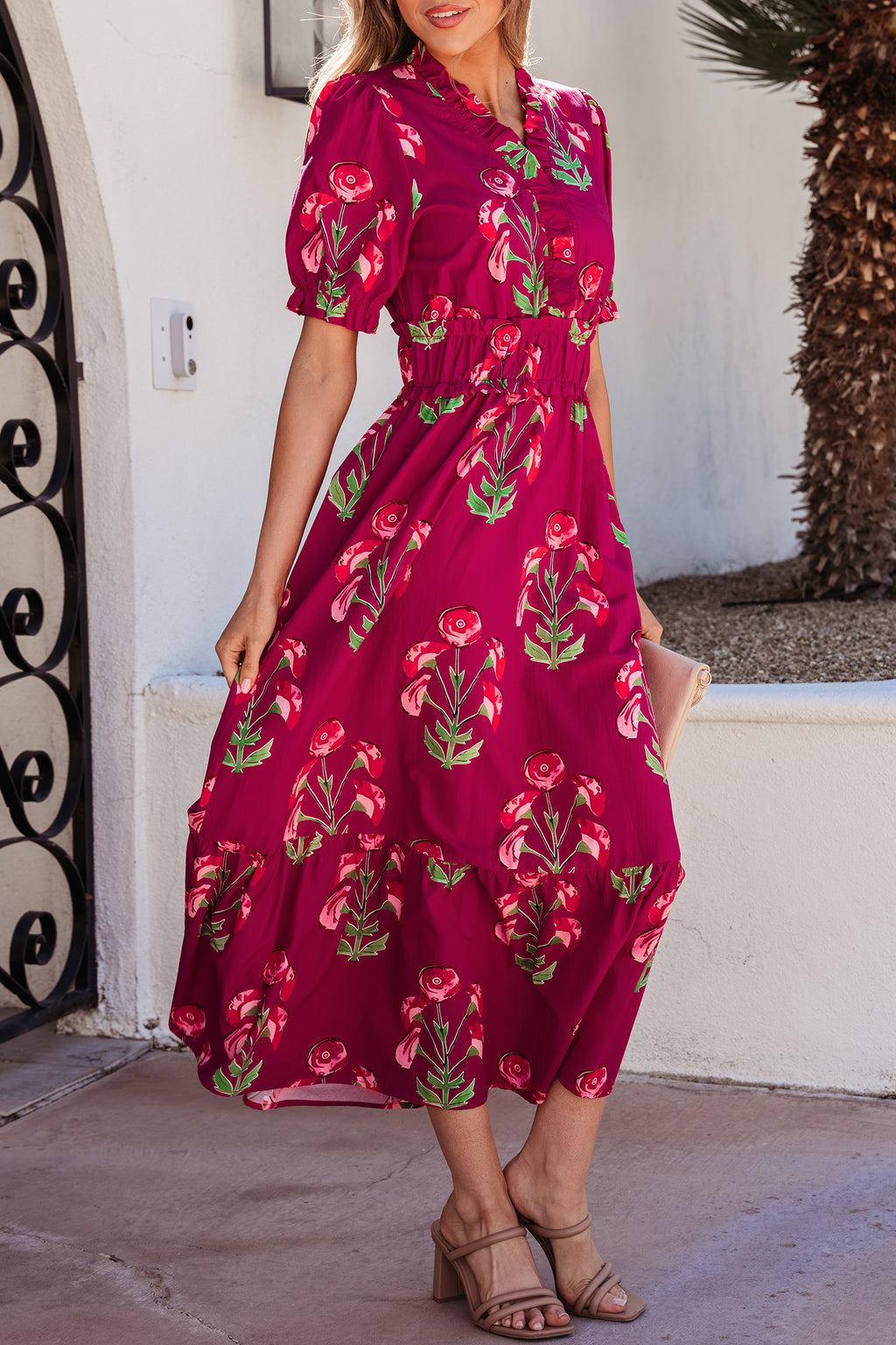 Women's Red Floral Ruffle V-Neck Short Sleeve Maxi Dress Vacation S-XL at LivelyLooks