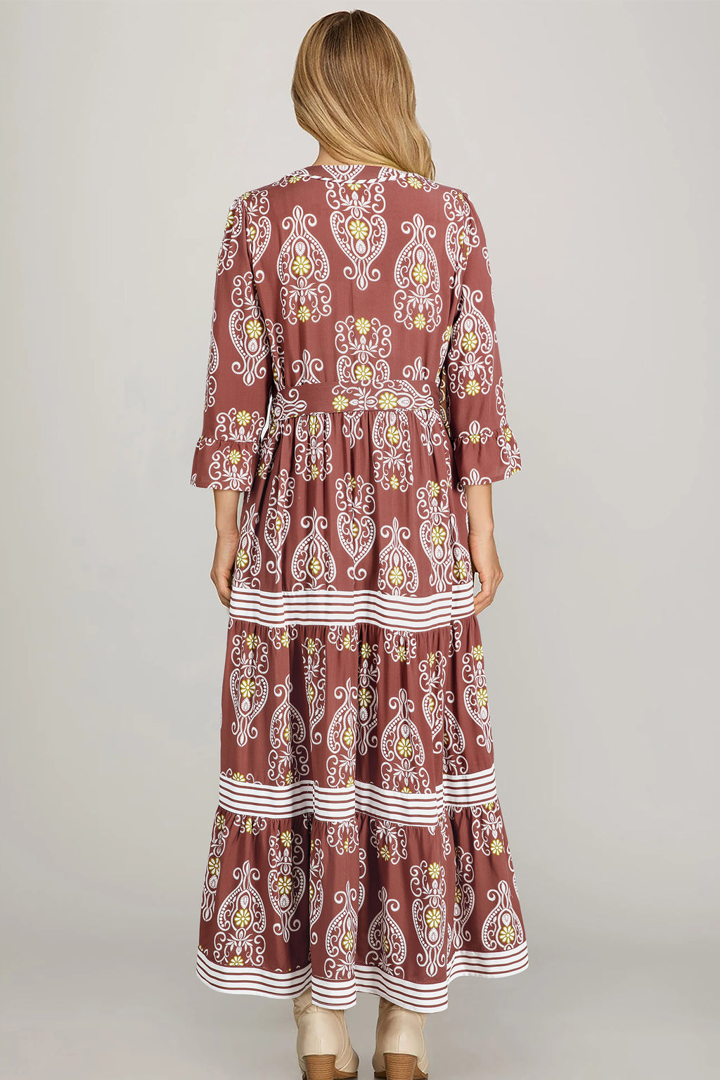 Brown Floral Print Belted Striped Trim Tiered Maxi Dress | Boho Summer