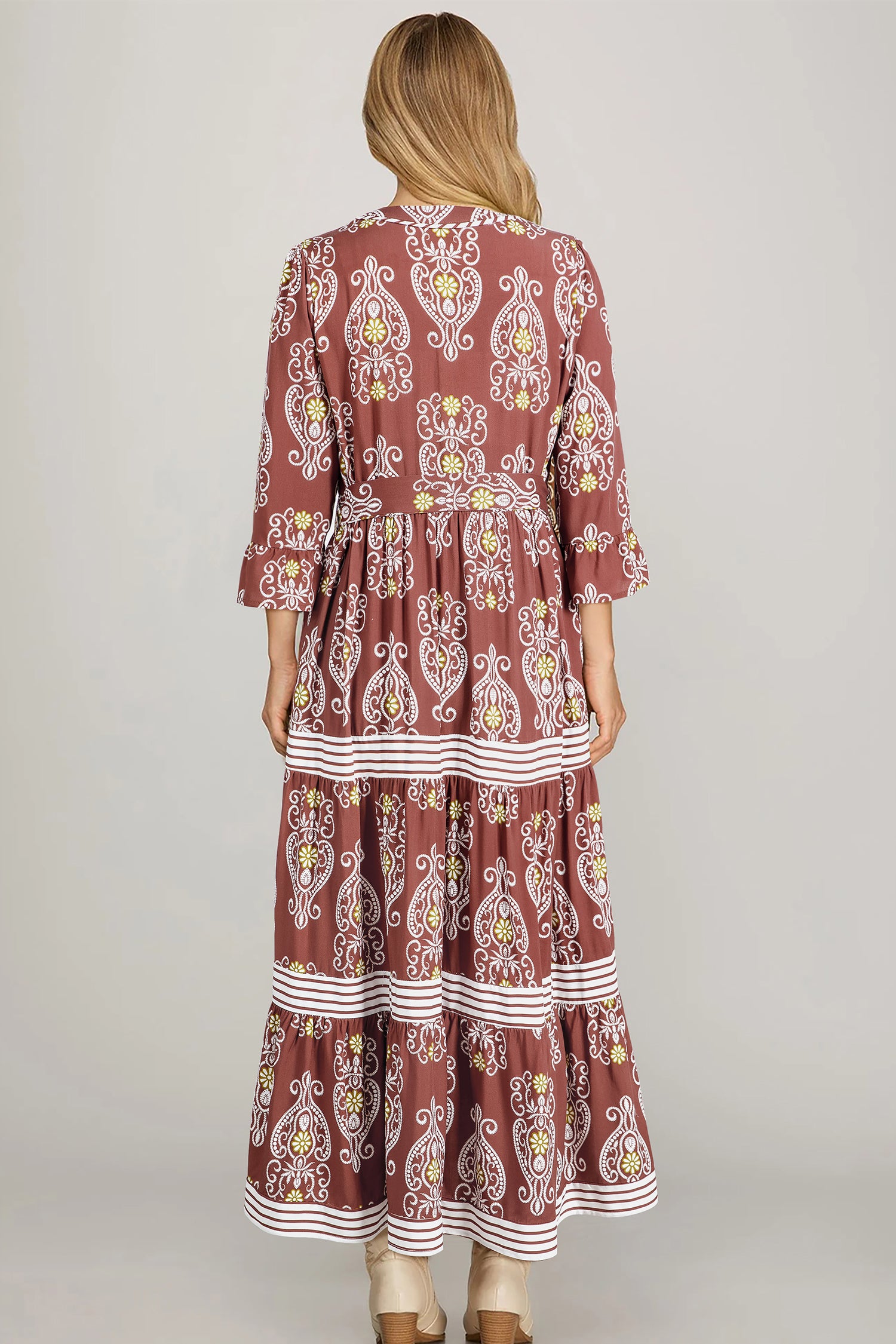 Brown Floral Print Belted Striped Trim Tiered Maxi Dress | Boho Summer