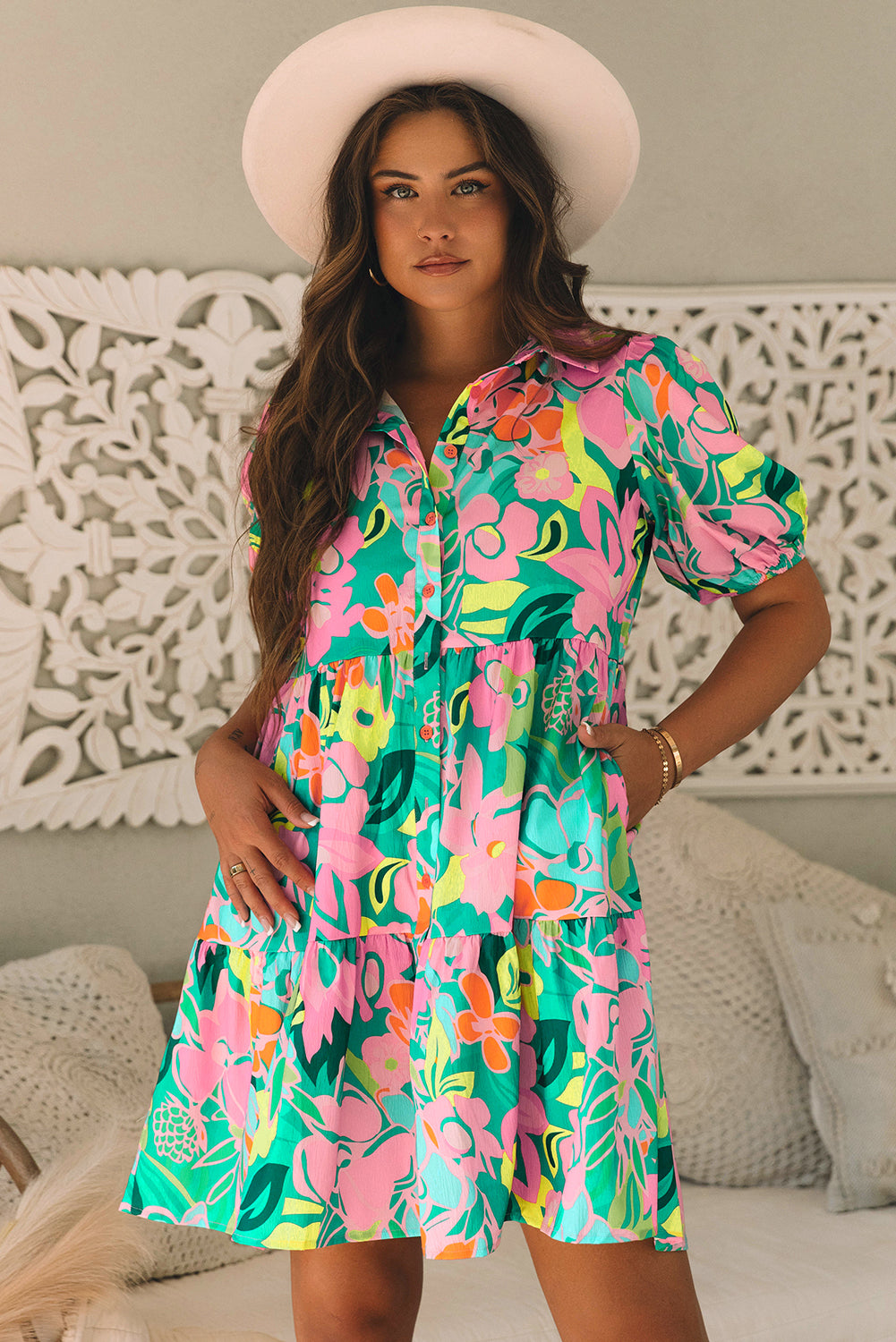 Women's Green Floral Puff Sleeve Collar Buttoned Babydoll Dress Summer Boho Mini Sundress at LivelyLooks