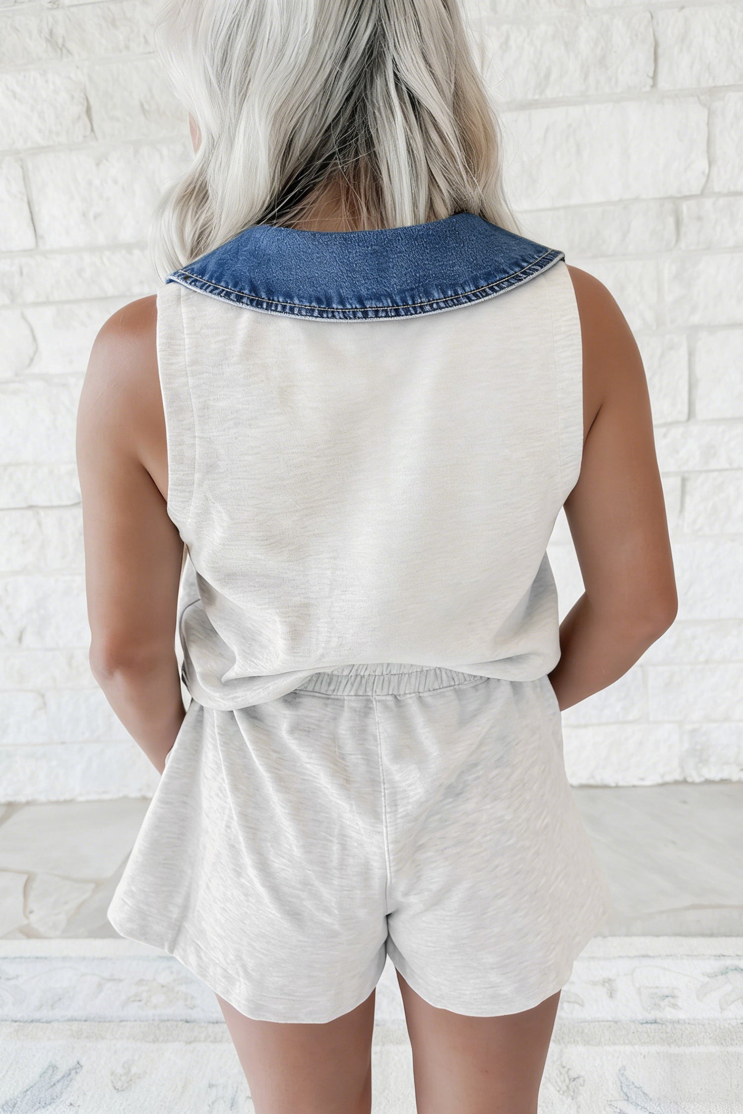 Light Grey Denim Patchwork Polo Collar Sleeveless Romper