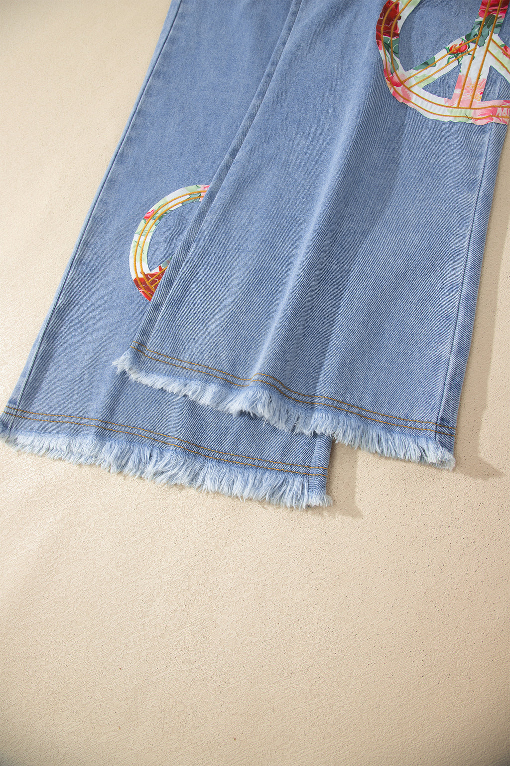 Blue Floral Peace Sign Embroidered Patch Wide Leg Jeans | Boho Denim | UK 4-14