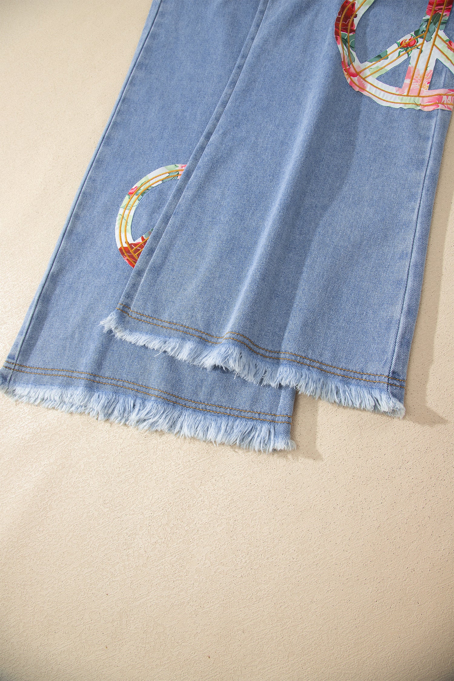 Blue Floral Peace Sign Embroidered Patch Wide Leg Jeans | Boho Denim | UK 4-14