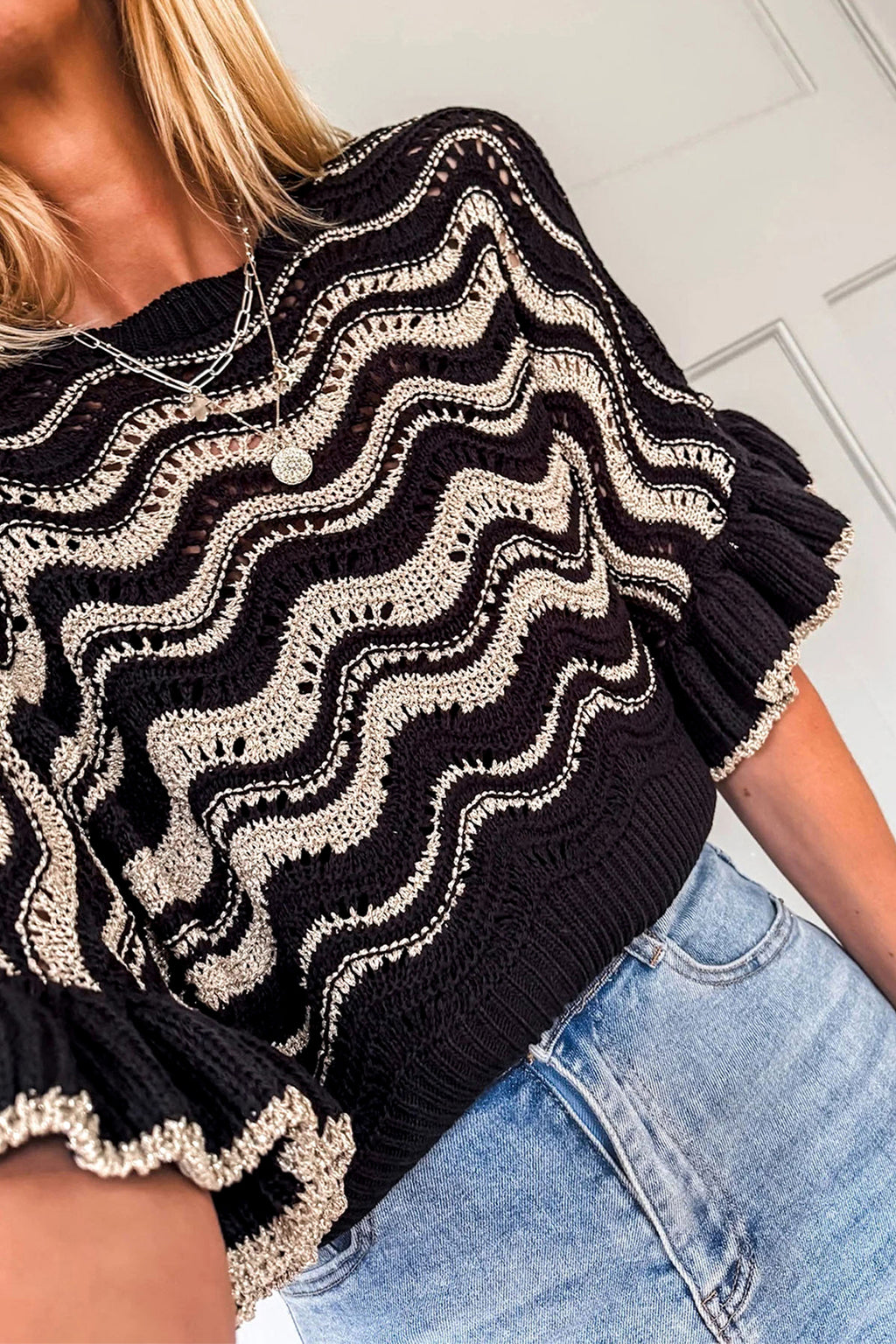 Shop Black Stripe Wavy Crochet Eyelet Detail Ruffle Half Sleeve Sweater at LivelyLooks