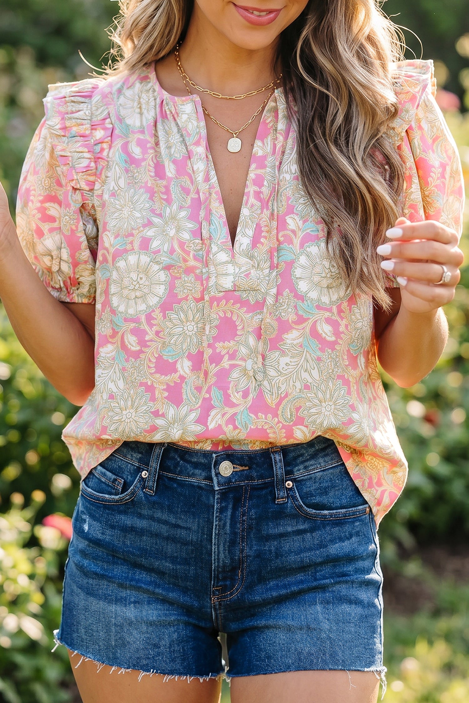 Pink Floral Tie Neck Short Puff Sleeve Blouse