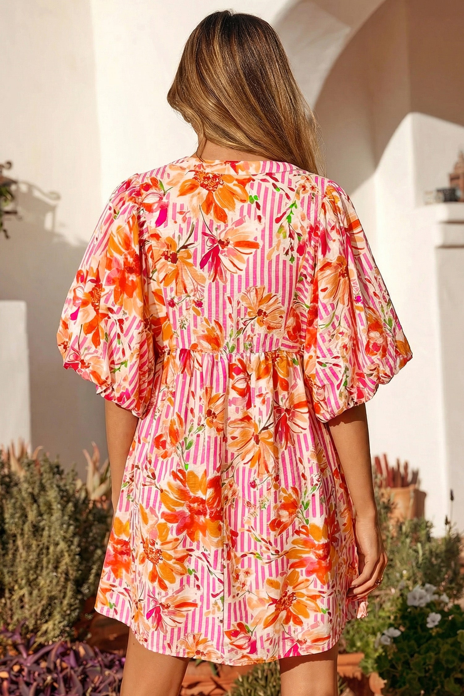 Pink Striped Floral Tie Neck Puff Sleeve Loose Mini Dress S-XL