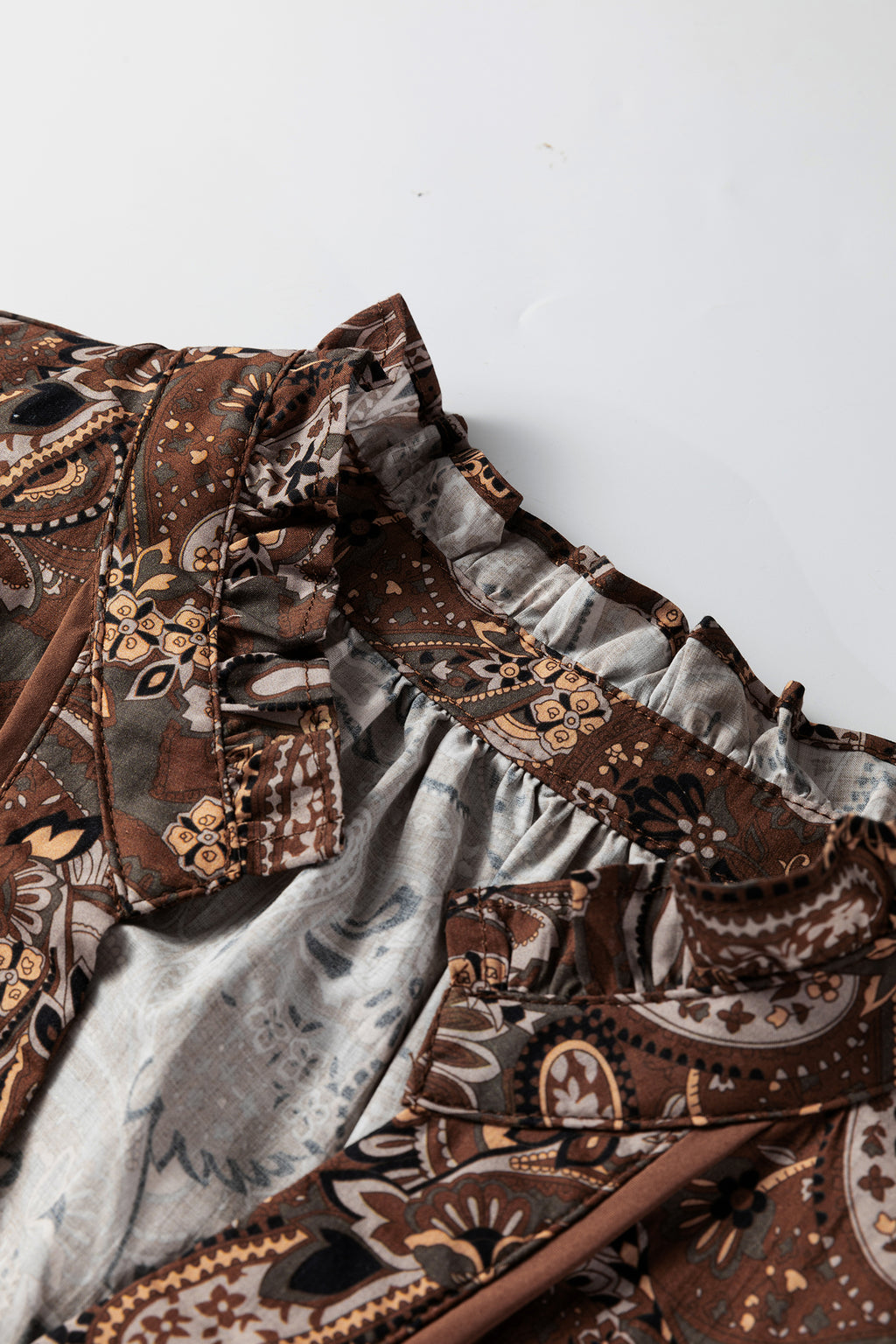Brown Paisley Print Mini Dress Puff Sleeve Half Button Flowy Women S-XL
