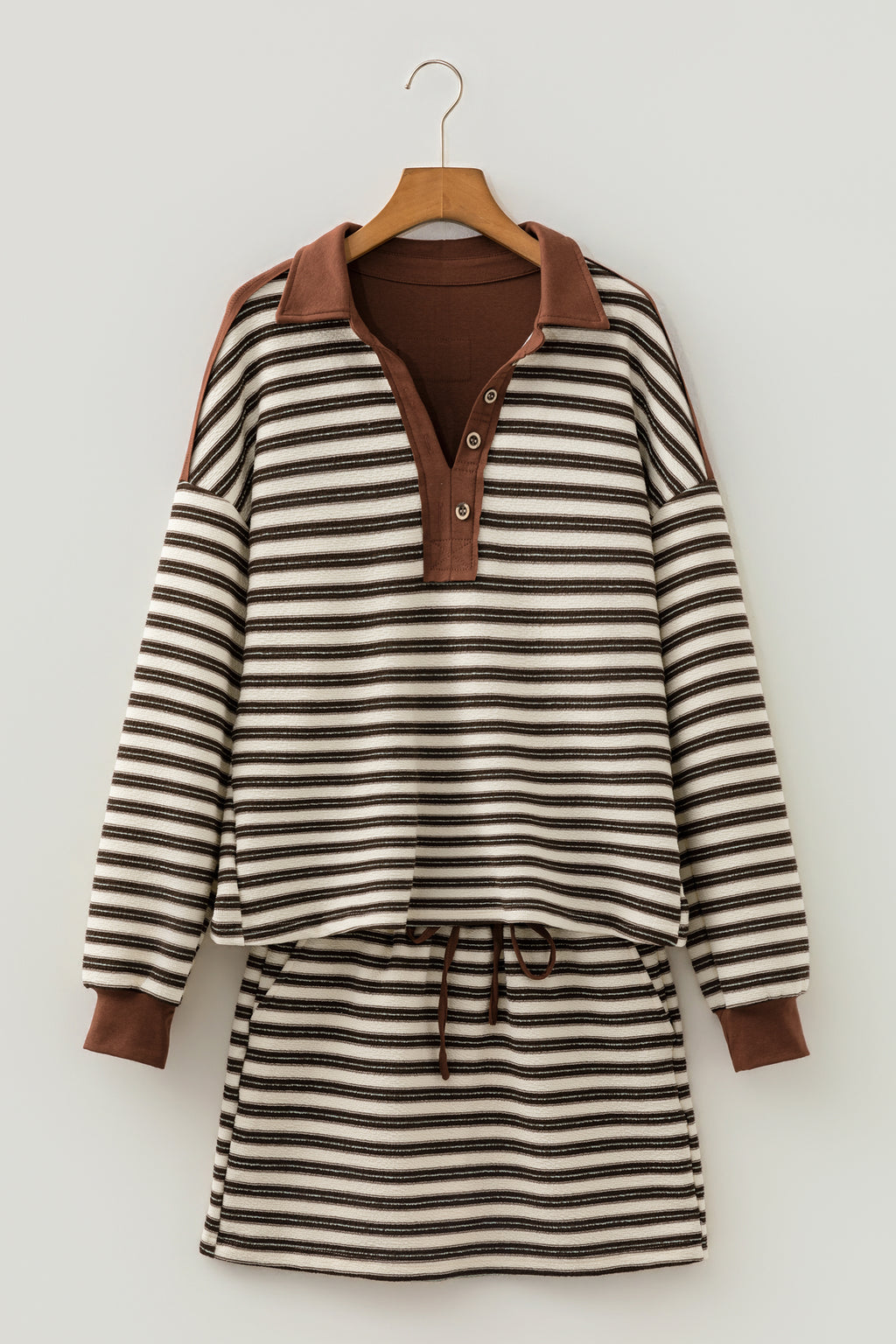 Brown Stripe Contrast Trim Long Sleeve Top & Drawstring Mini Skirt Set | UK 8–22