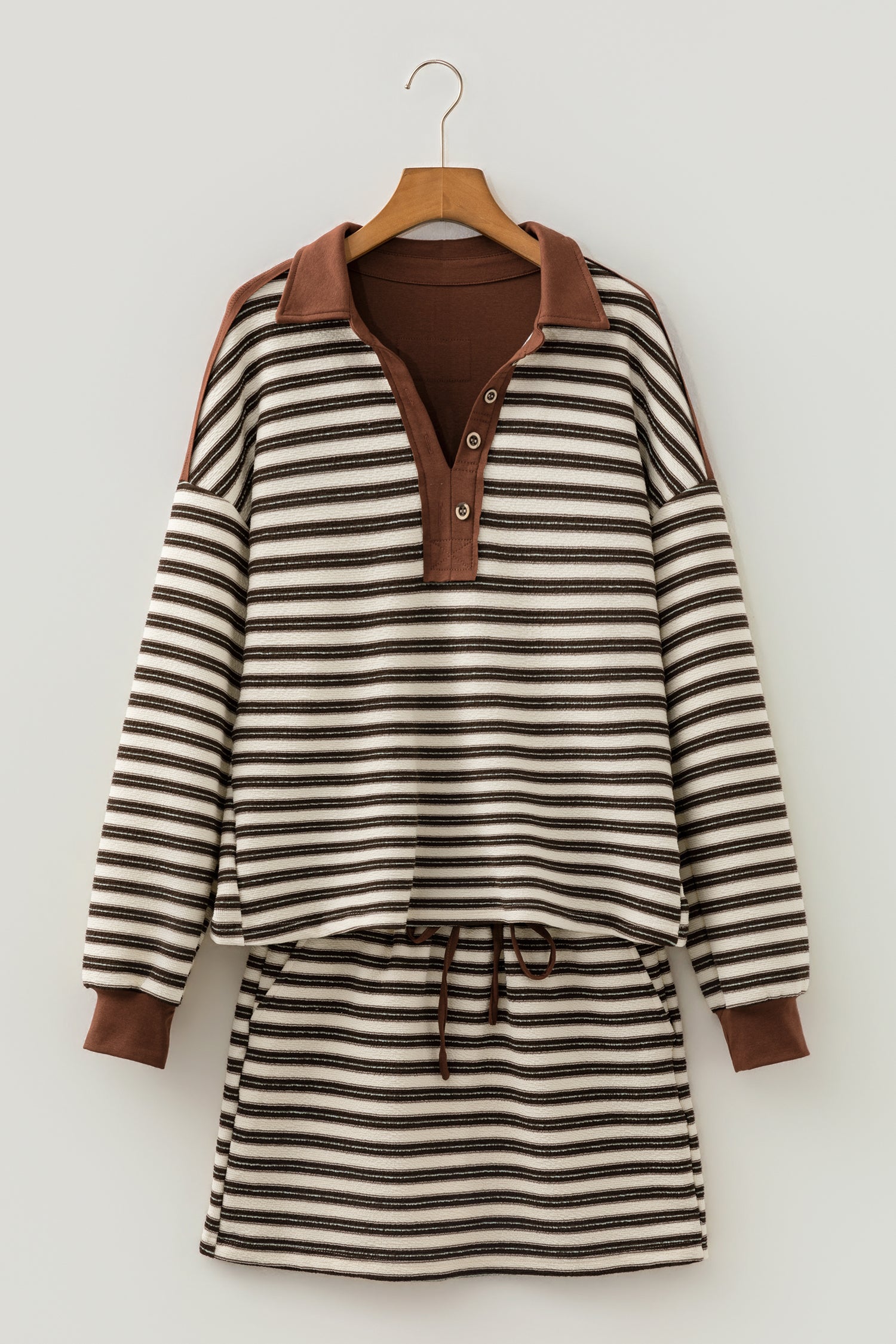 Brown Stripe Contrast Trim Long Sleeve Top & Drawstring Mini Skirt Set | UK 8–22