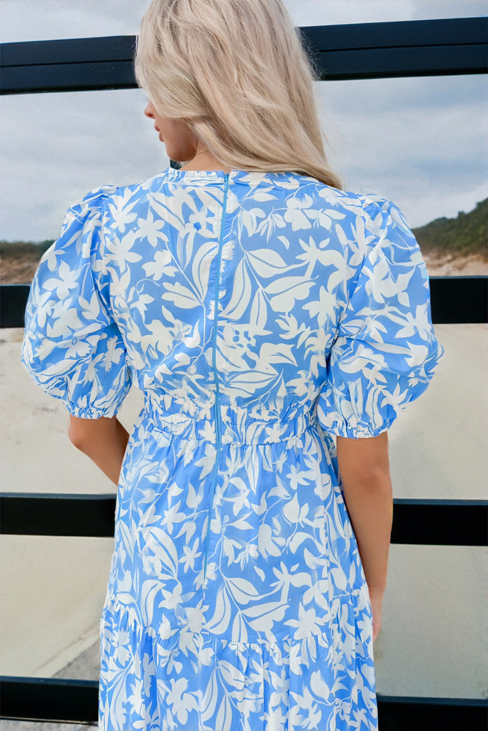 LivelyLooks Blue Floral V-Neck Puff Sleeve Fit & Flare Maxi Dress women's fashion