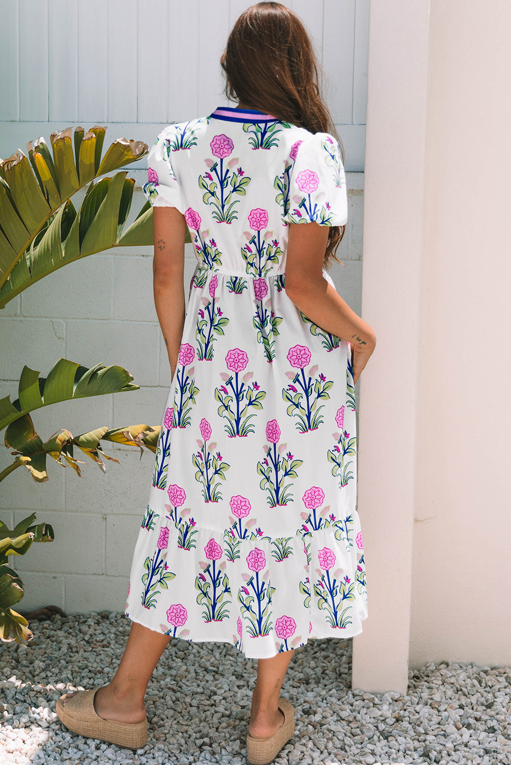 Women's Sky Blue Floral Puff Short Sleeve V Neck High Waist Maxi Dress at LivelyLooks
