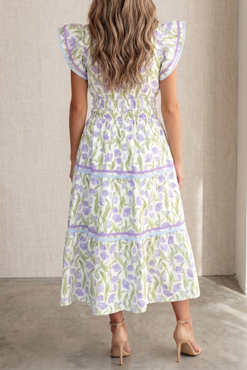 Purple Tulip Floral Print Contrast Trim Flutter Sleeve Midi Dress