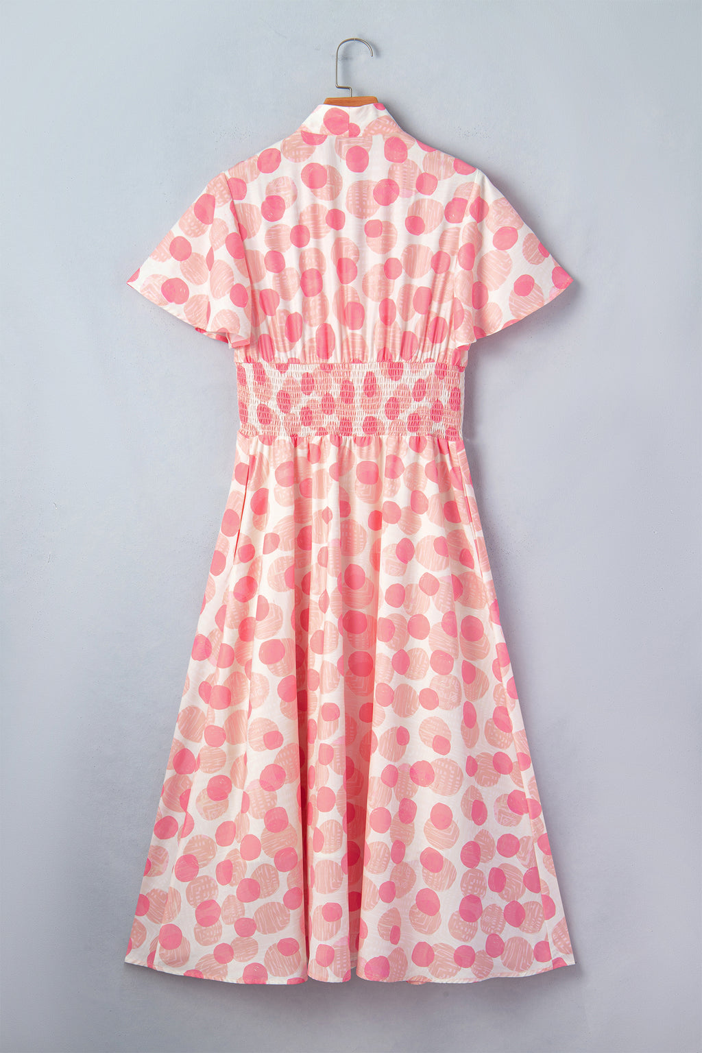 Women's Pink Polka Dot Ruffle Short Sleeve Zip-Up Maxi Dress at LivelyLooks