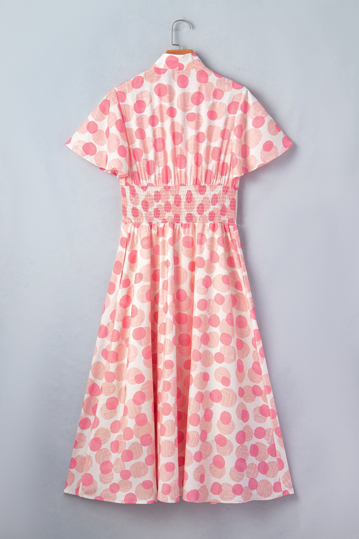 Women's Pink Polka Dot Ruffle Short Sleeve Zip-Up Maxi Dress at LivelyLooks