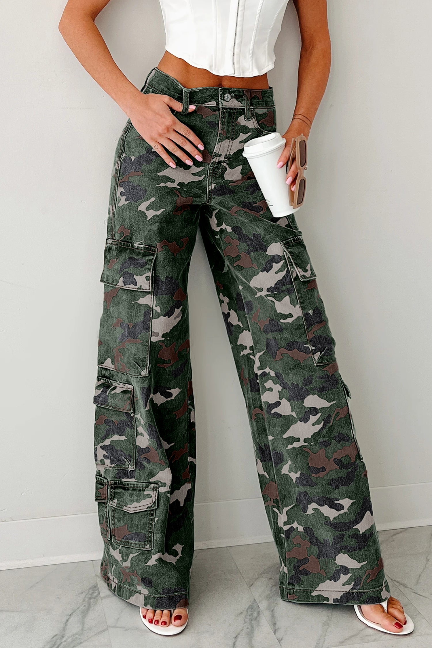 Green Camo Cargo Wide Leg Denim Pants