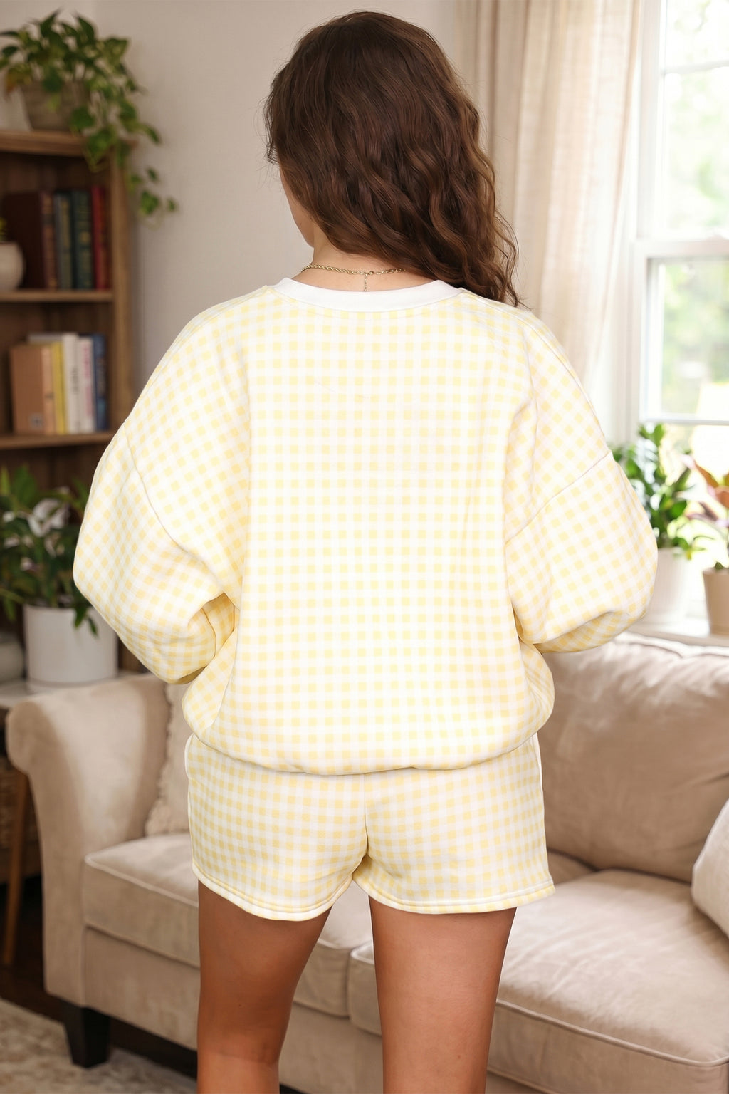 Yellow Plaid Baggy Pullover & Drawstring Casual Shorts Set | UK 8–22