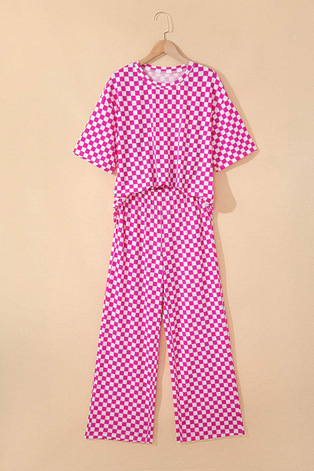 Rose Checkered Lounge Set Half Sleeve Tee & Pant 2pcs Women S-XL