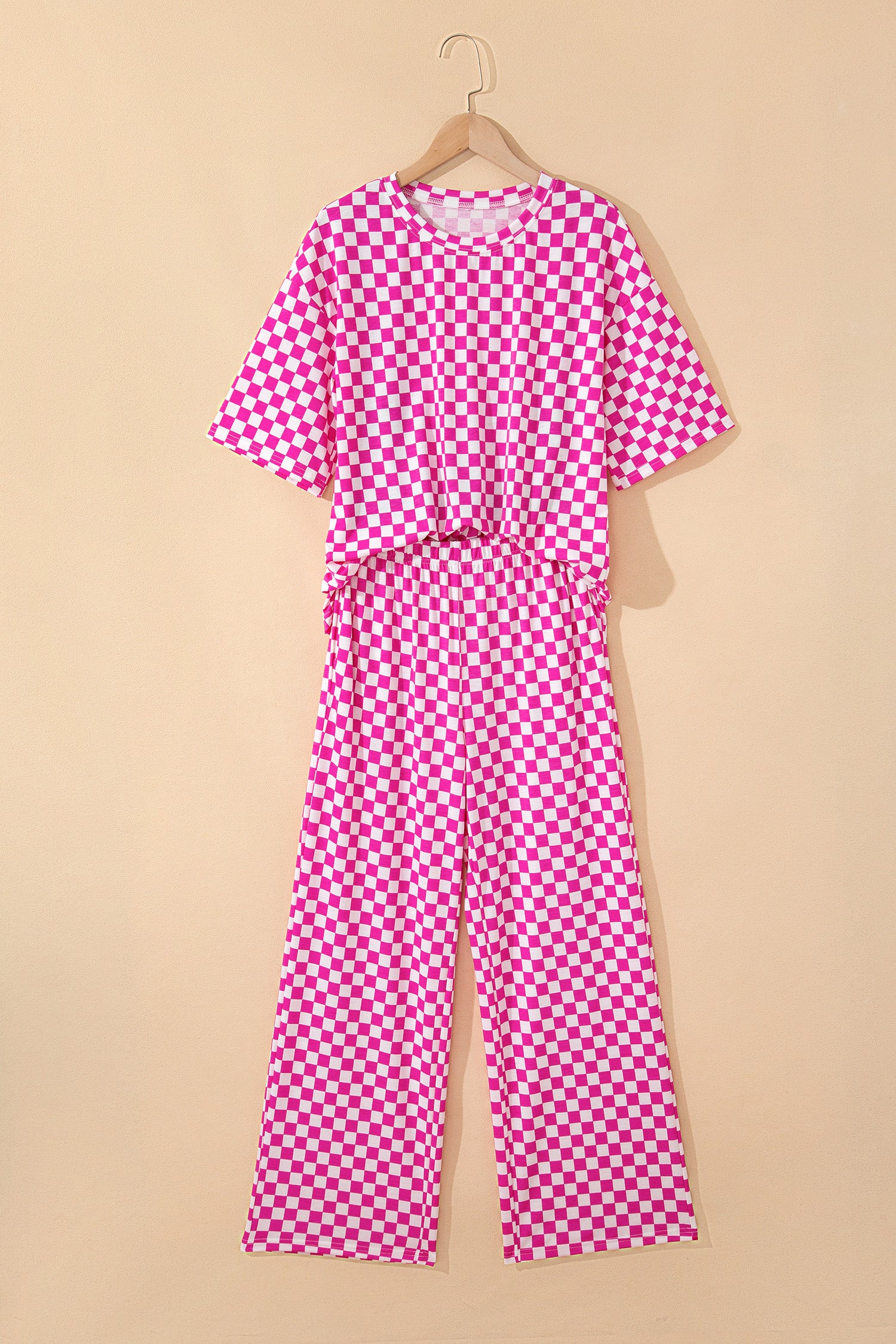 Rose Checkered Lounge Set Half Sleeve Tee & Pant 2pcs Women S-XL