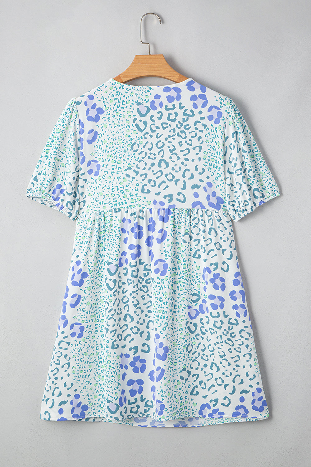 Women's Sky Blue Leopard Contrast Bow Puff Sleeve Mini Dress at LivelyLooks
