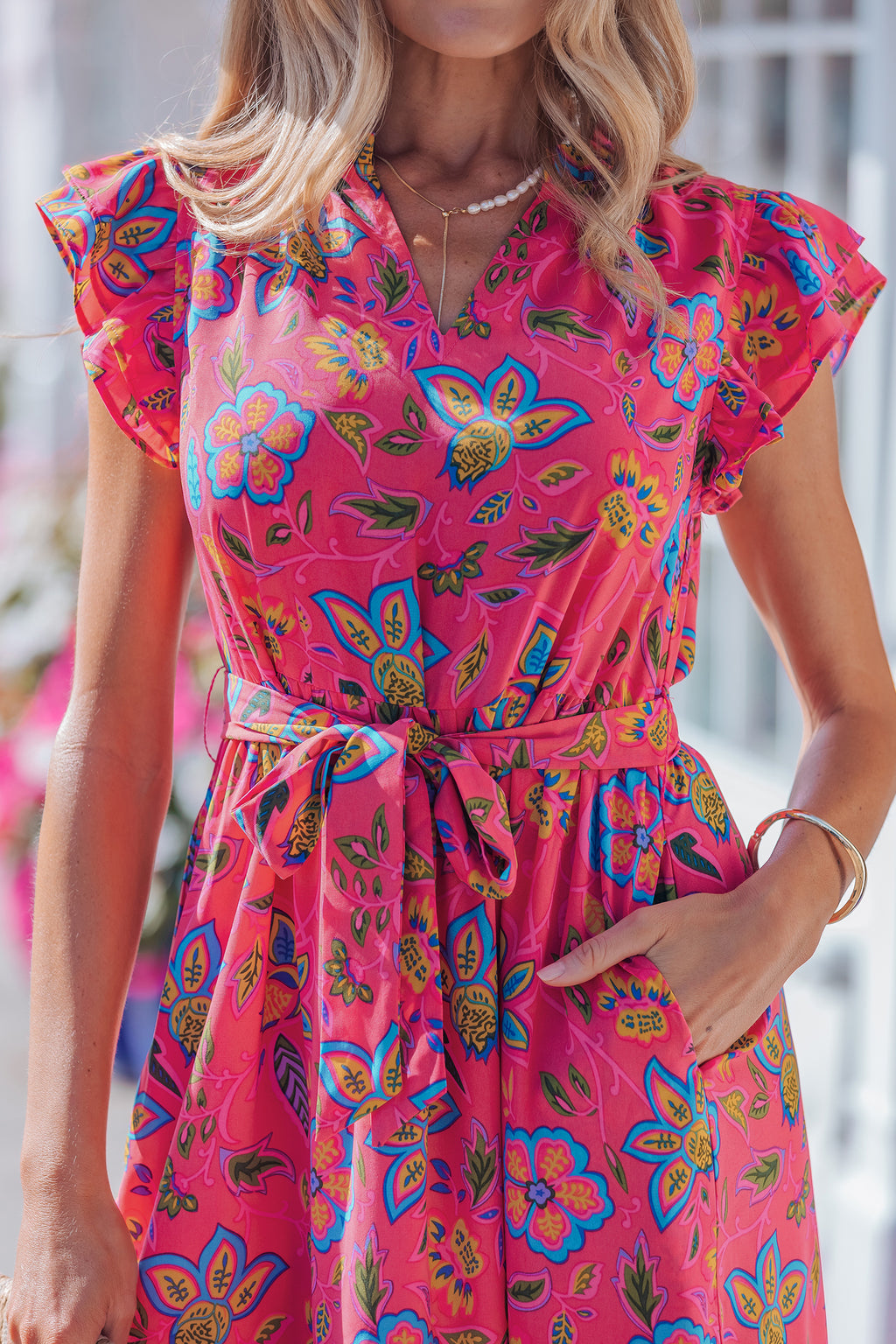 Women's Rose Flutter Sleeve Belted Floral Maxi Dress at LivelyLooks