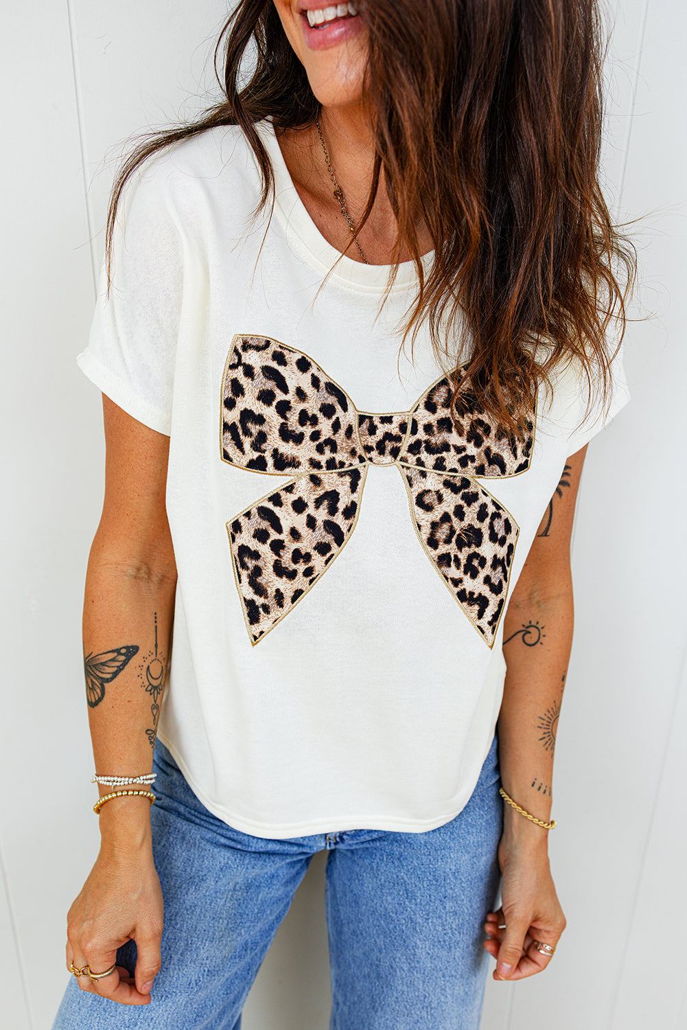Women's Leopard Bow Embroidered Cotton Round Neck T-Shirt | White, Pink & Black | UK 8-22 at LivelyLooks
