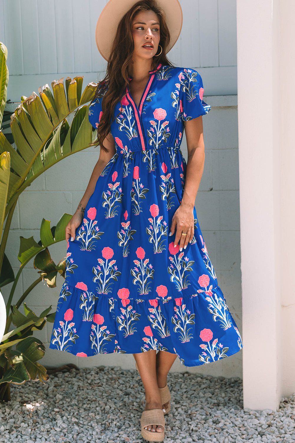 Women's Sky Blue Floral Puff Short Sleeve V Neck High Waist Maxi Dress at LivelyLooks