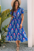 Women's Sky Blue Floral Puff Short Sleeve V Neck High Waist Maxi Dress at LivelyLooks