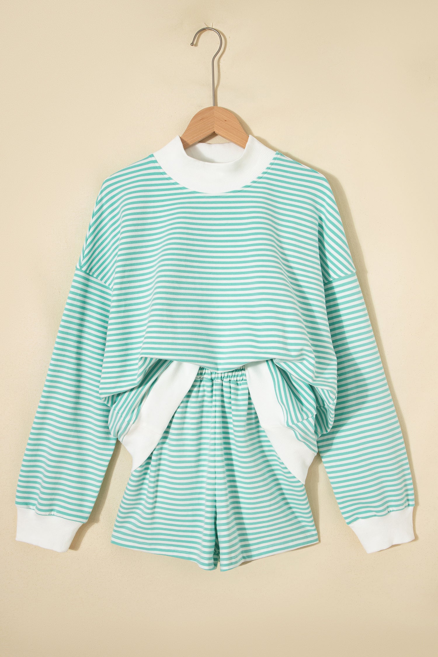 LivelyLooks Striped Oversized Mock Neck Sweatshirt & Shorts Co-ord Set | Blue, Pink, Green | S-XL women's fashion
