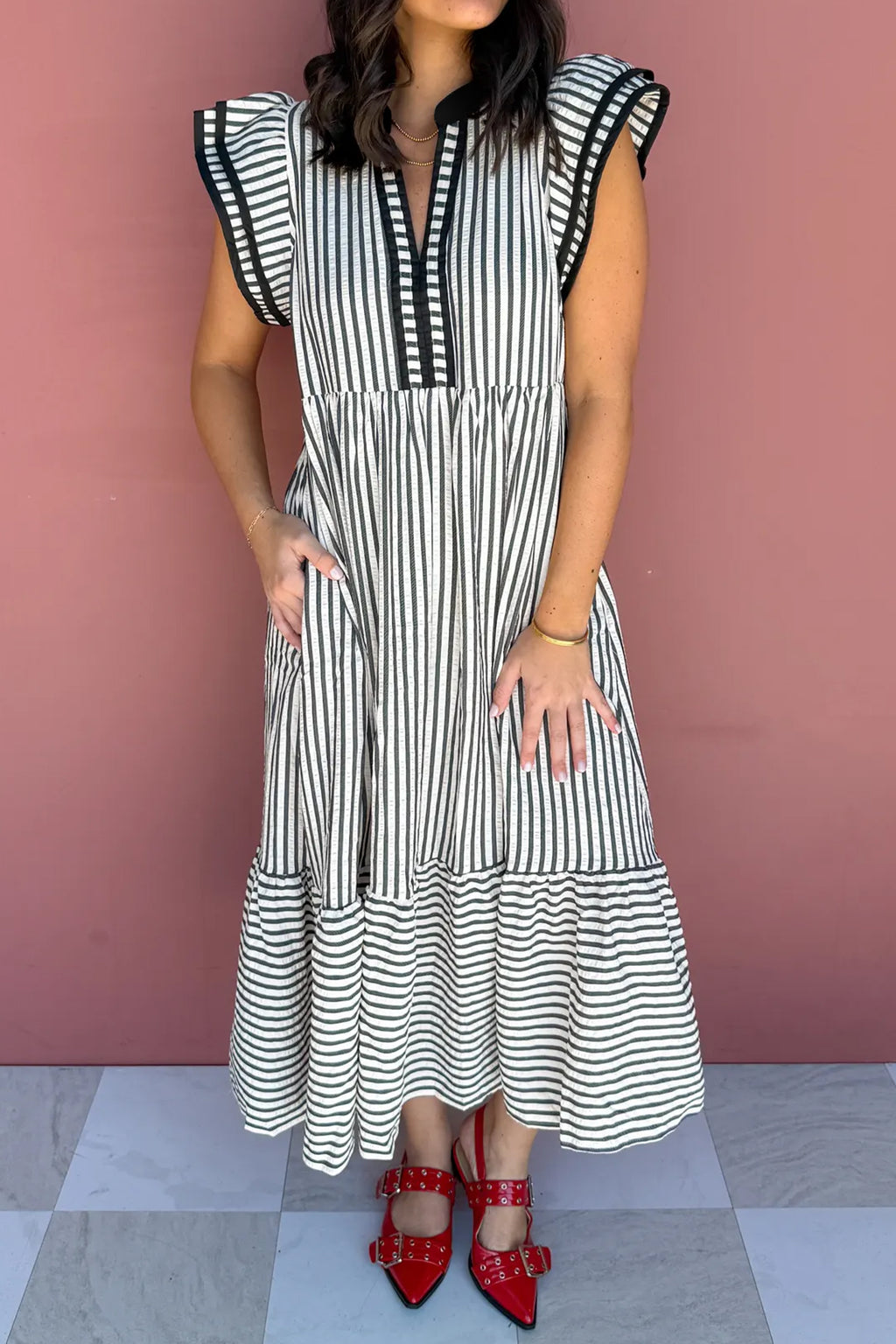 Black & Brown Stripe Plus Size Tiered Flutter Sleeve Maxi Dress