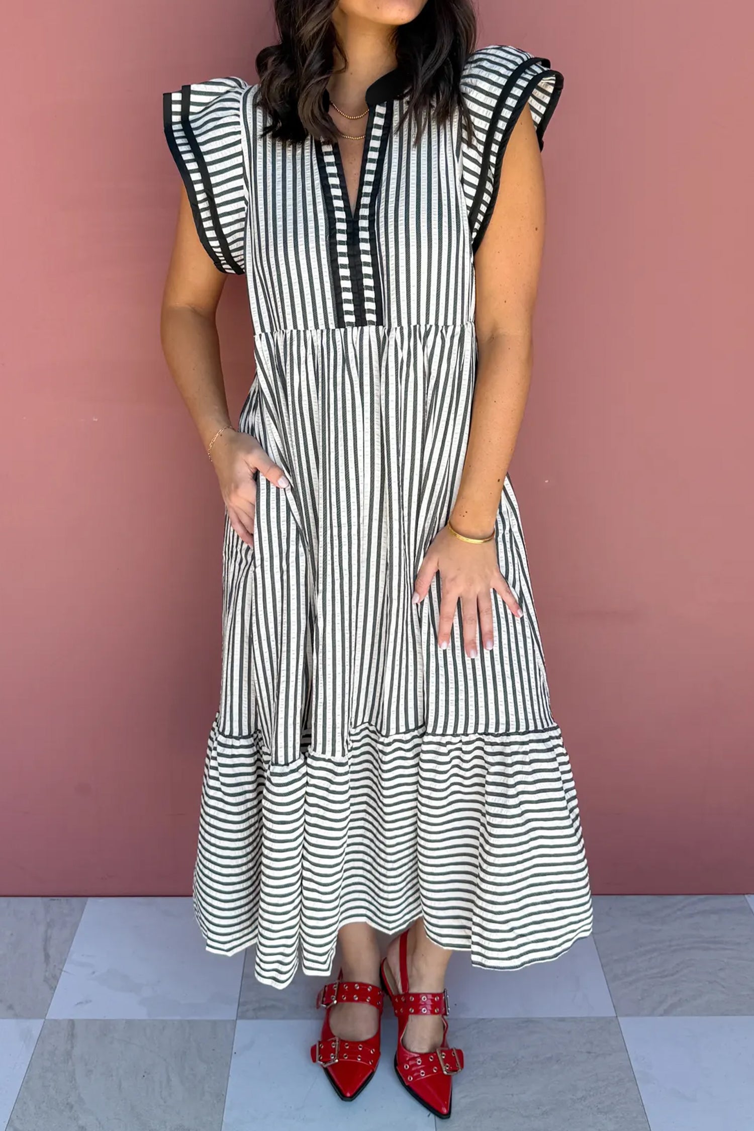 Black & Brown Stripe Plus Size Tiered Flutter Sleeve Maxi Dress