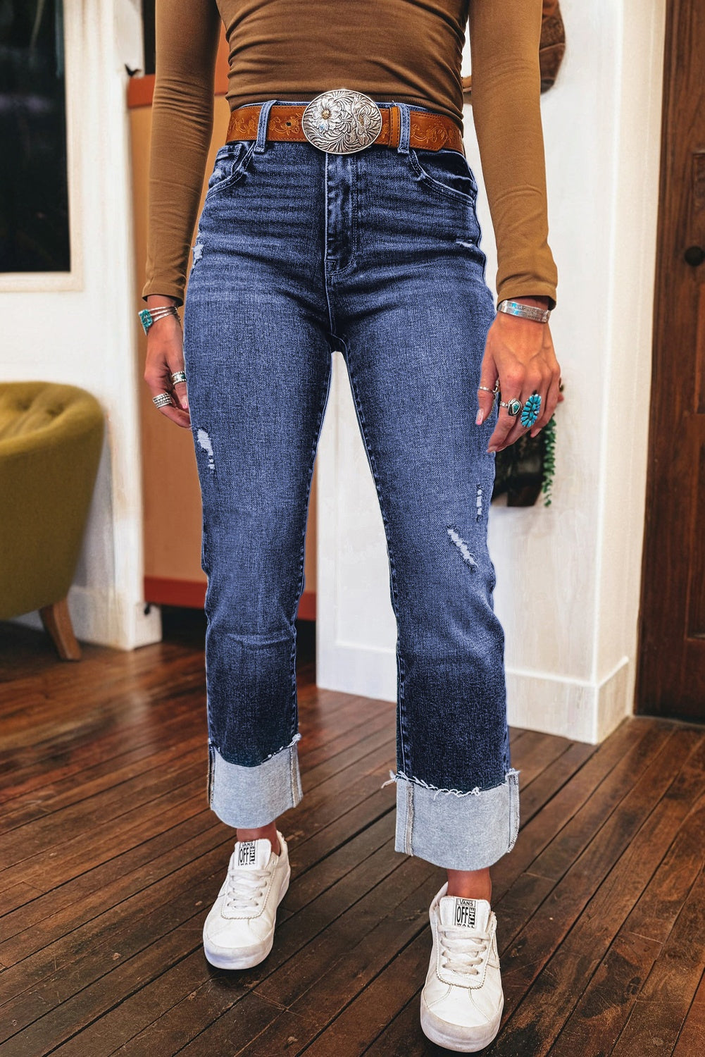 Women's Women's Distressed Straight Jeans Folded Cuffs High Waist Western Sizes 4-16 at LivelyLooks