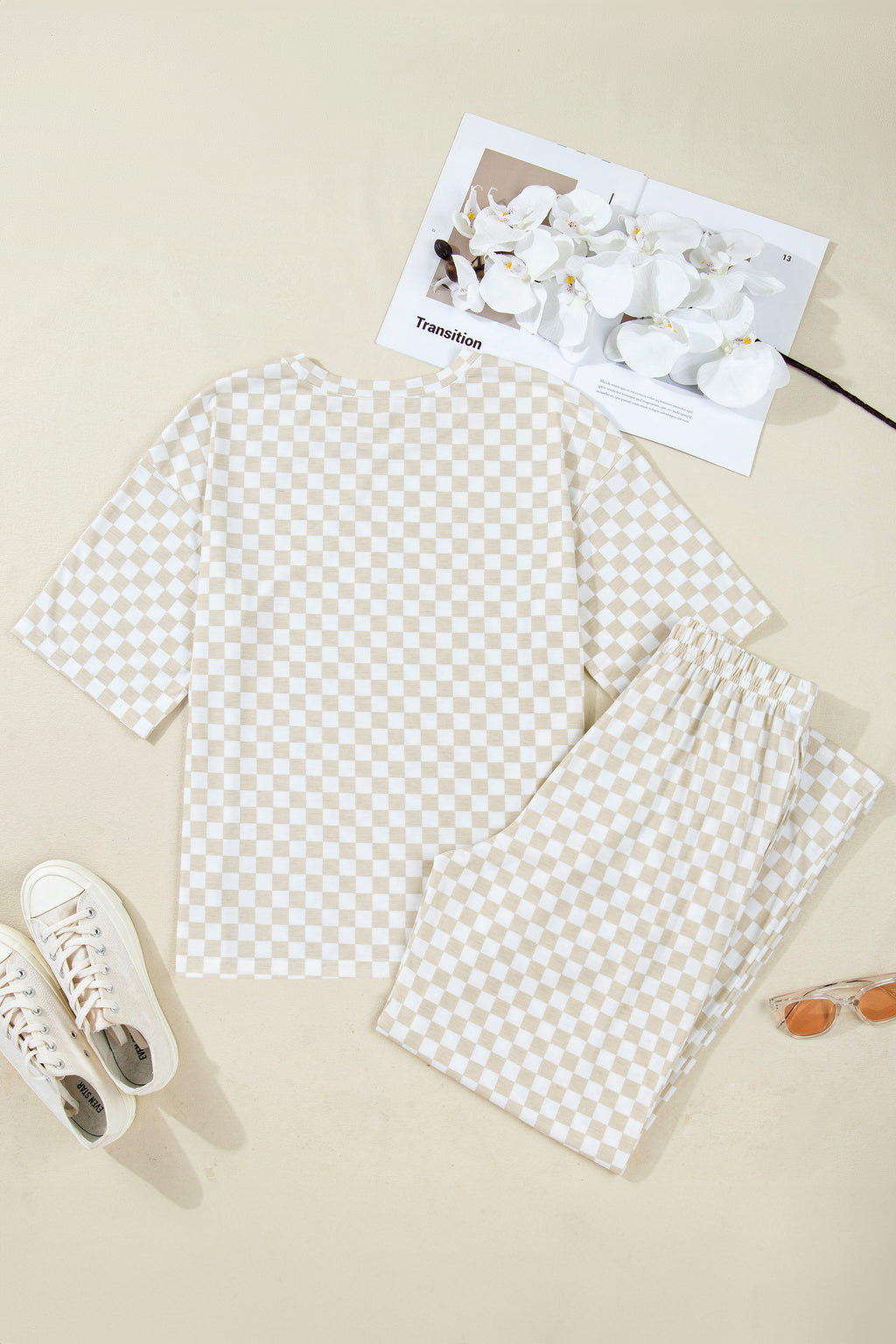 Shop Khaki Checkered Print Half Sleeve Tee & Wide Leg Lounge Pant Set | UK 8-22 at LivelyLooks