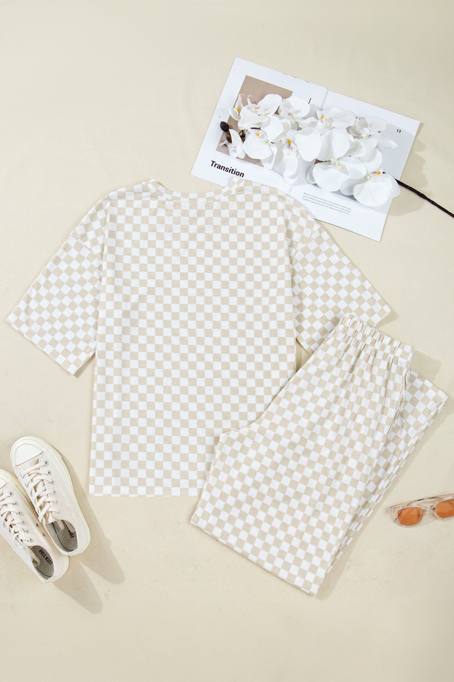 Shop Khaki Checkered Print Half Sleeve Tee & Wide Leg Lounge Pant Set | UK 8-22 at LivelyLooks