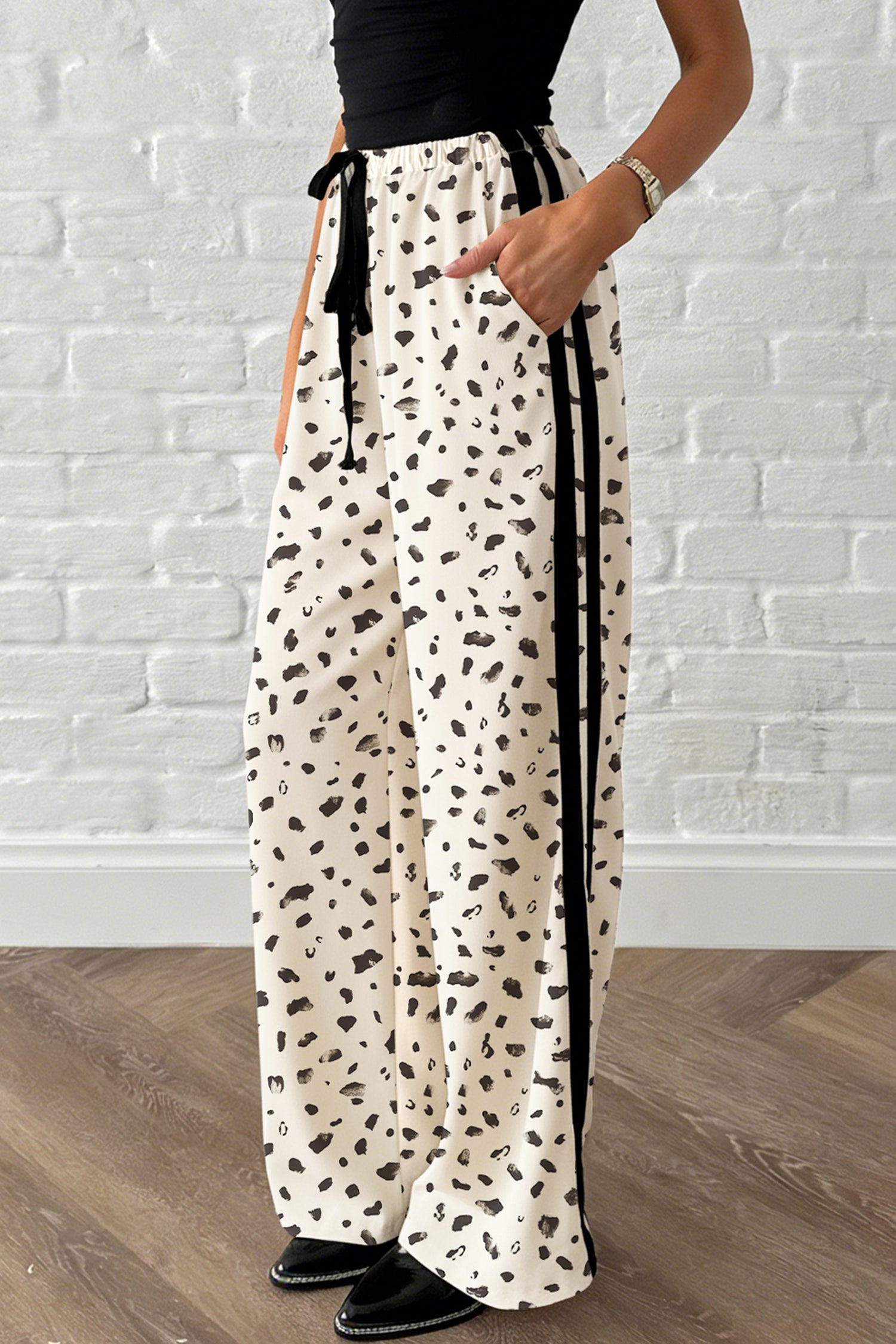 Women's Beige Leopard Print Side Stripe Loose Drawstring Trousers at LivelyLooks