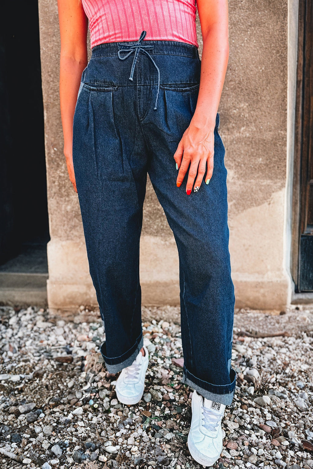 Women's Women's Patchwork Denim Pants Checkered Side Panel Drawstring Loose Sizes 4-16 at LivelyLooks