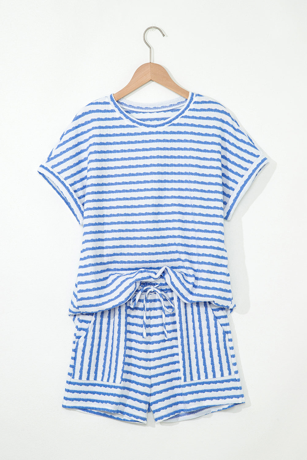 Women's Stripe Knitted Short Sleeve Top & Drawstring Shorts Co-ord S-3XL at LivelyLooks