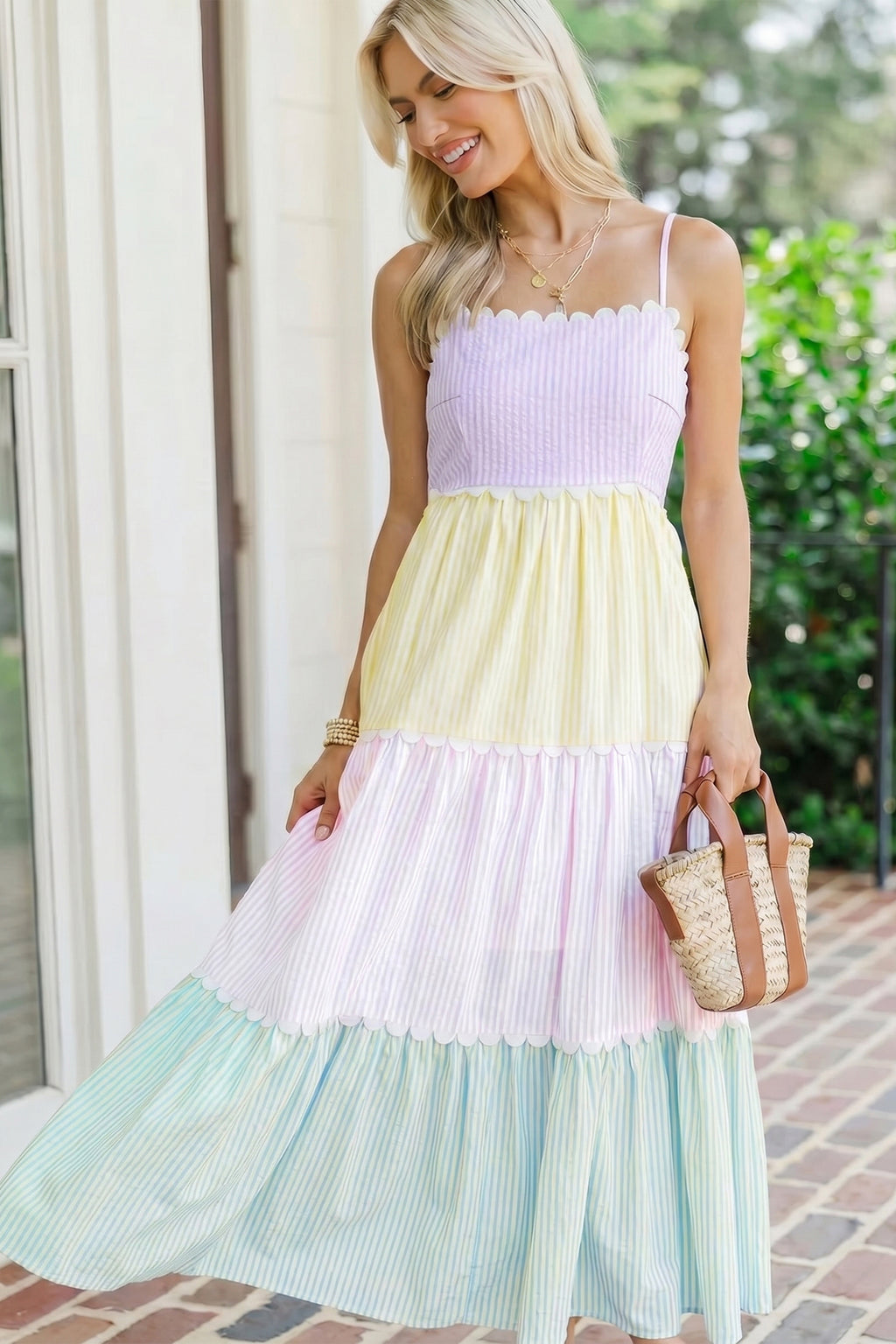 Multicolour Striped Colorblock Scalloped Neck Maxi Dress | S-XL