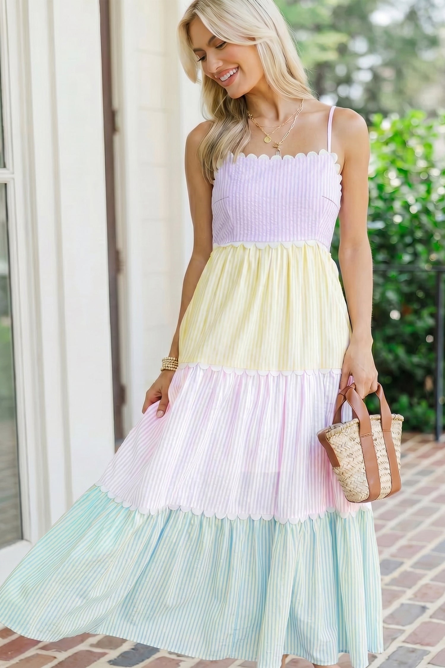 Multicolour Striped Colorblock Scalloped Neck Maxi Dress | S-XL