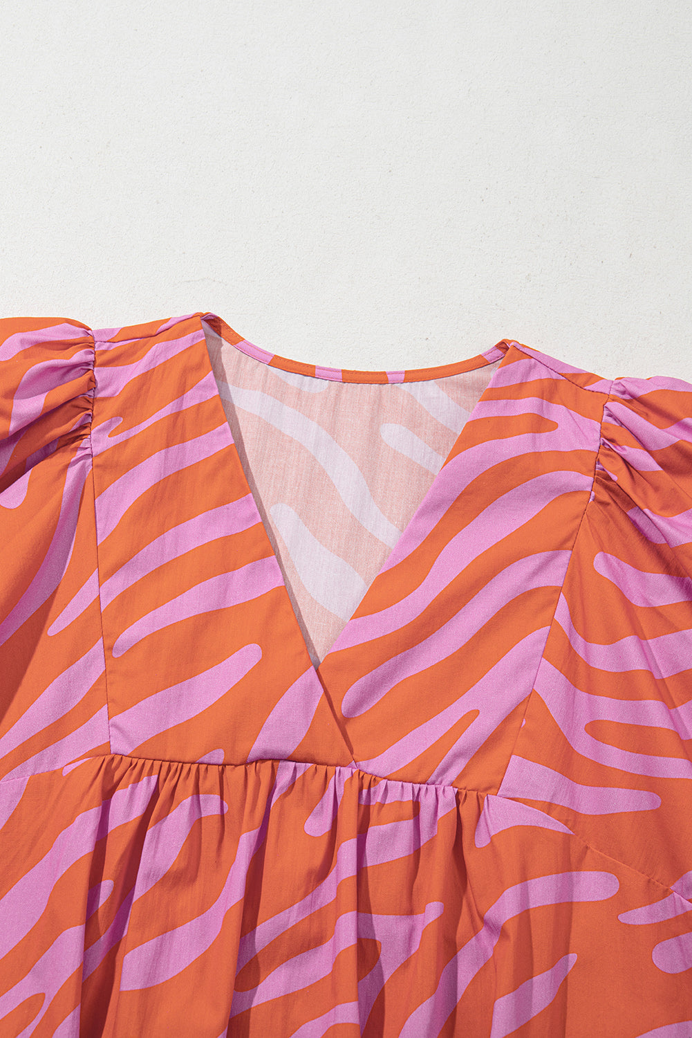 Orange Zebra Print Blouse Ruched Cuff Half Sleeve V Neck Women S-XL