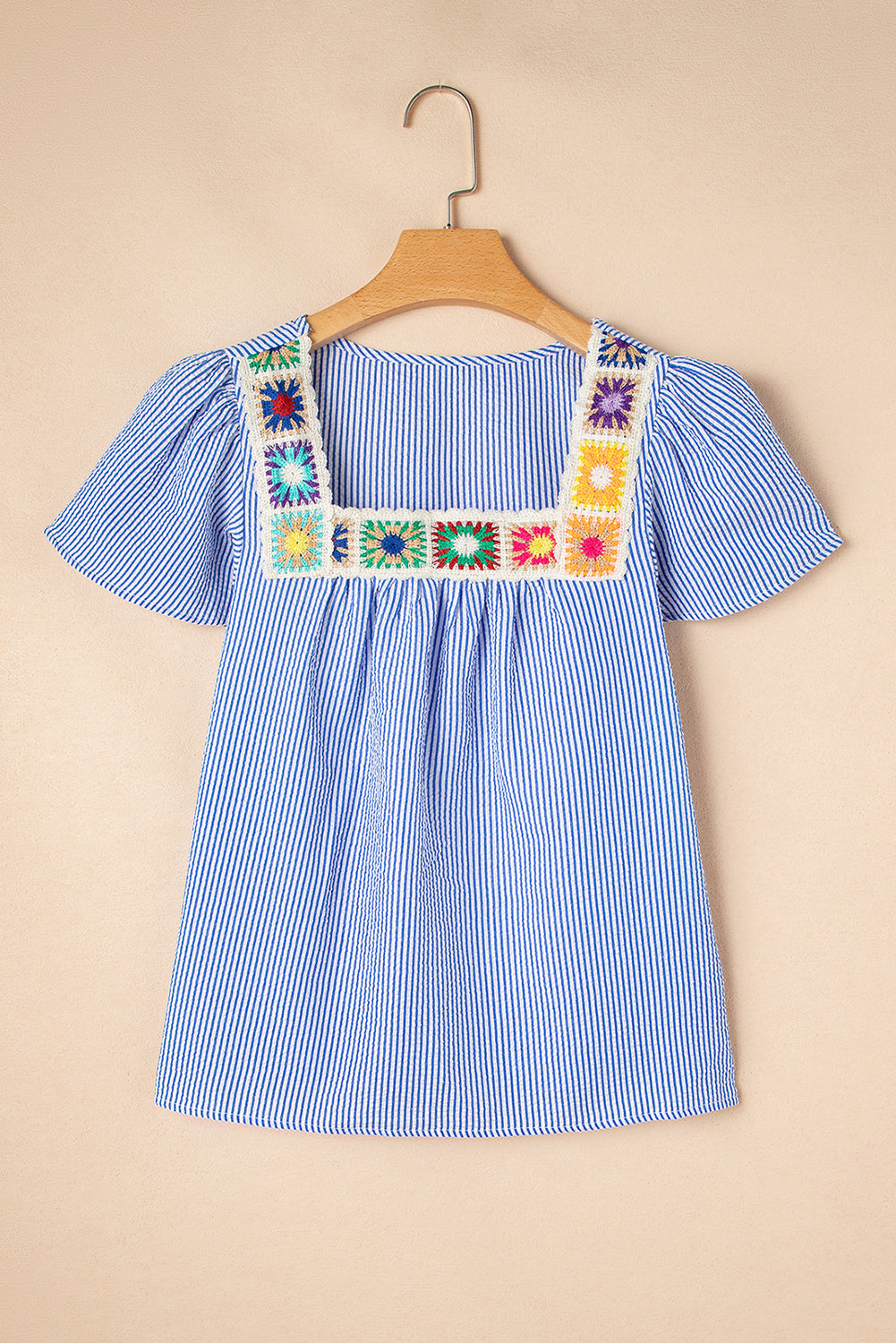 Sky Blue Stripe Ruffle Square Neck Boho Blouse